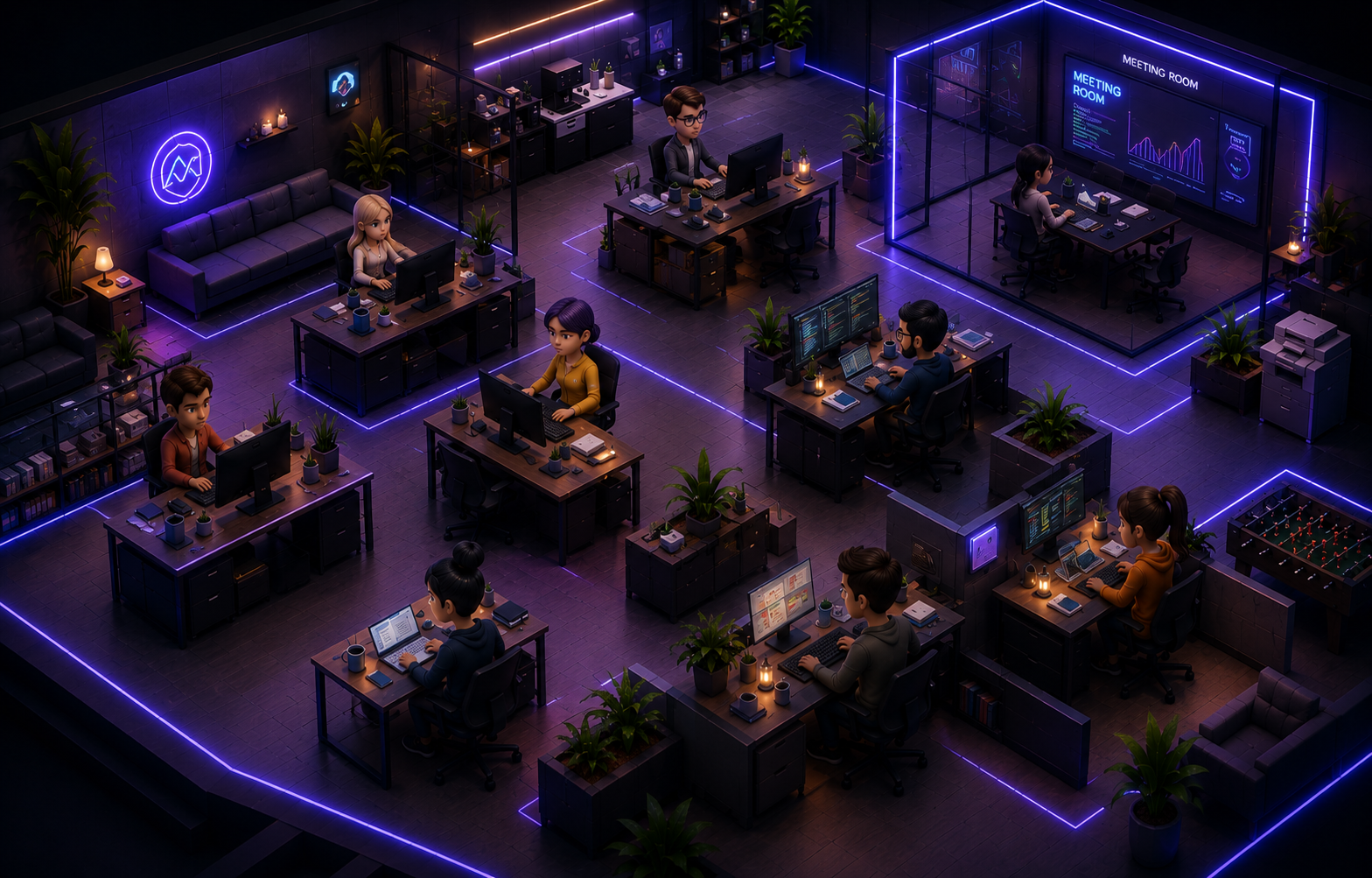 The mokaid virtual office with AI and human agents working at their desks